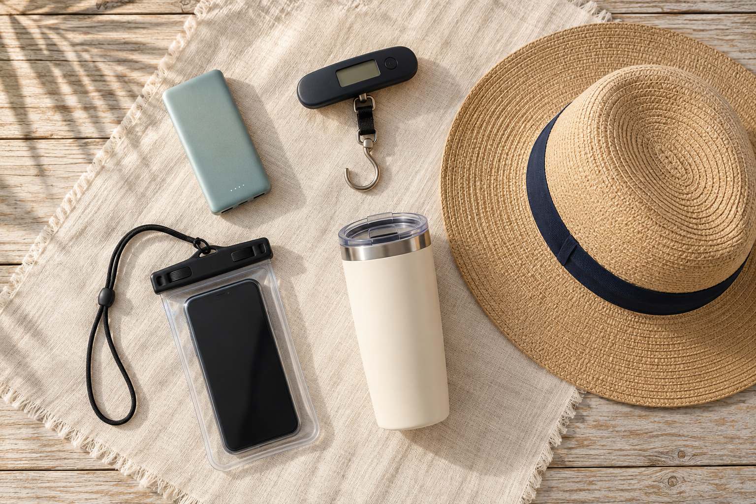 Portable charger, luggage scale, waterproof phone pouch, insulated tumbler, and sun hat for a resort vacation.