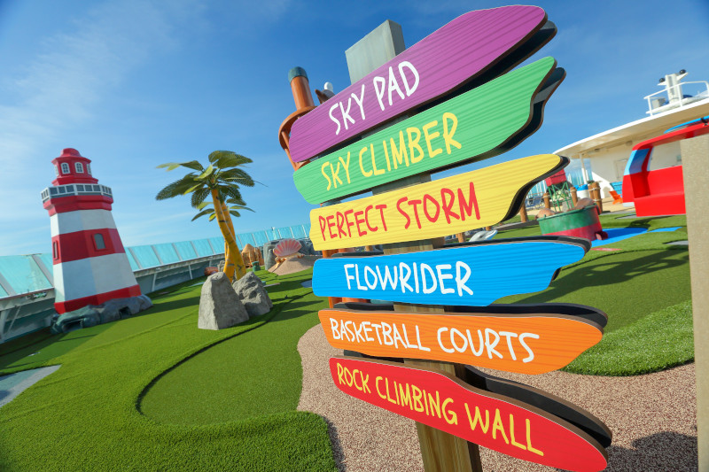 MA, Mariner of the Seas, Mini Golf course, minigolf, signage, colorful signs, directions, Dunes, Lighthouse, no people,