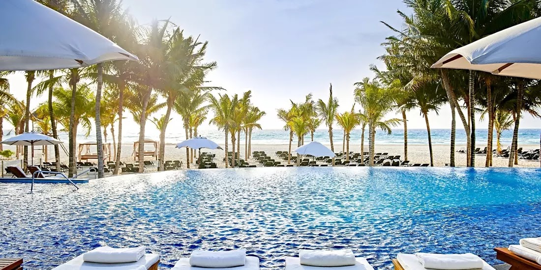 Infinity pool overlooking a palm-lined Caribbean beach