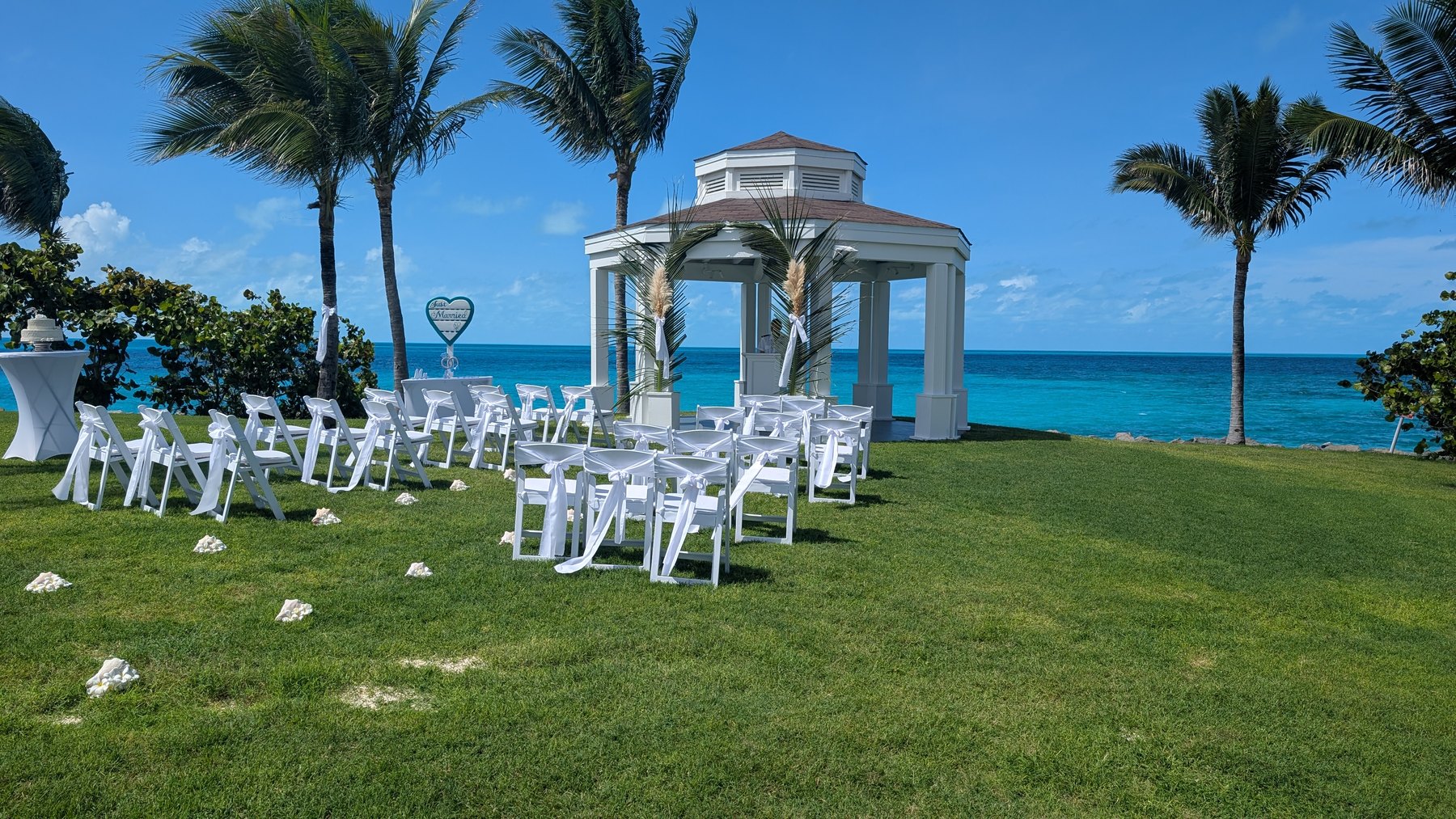 Oceanfront wedding ceremony beneath palm trees on Ocean Cay